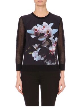 Ted Baker Black Floral-Front Mesh Sleeve Top
